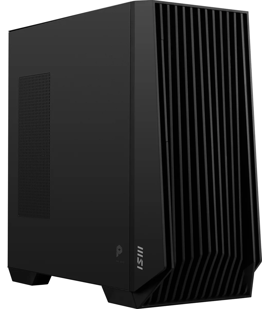 Black full-tower desktop with wireless keyboard and mouse
