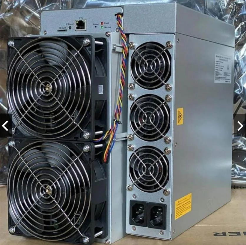 Rectangular silver metal chassis with four front fans, Ethernet port visible, 195 by 290 by 400 millimetres