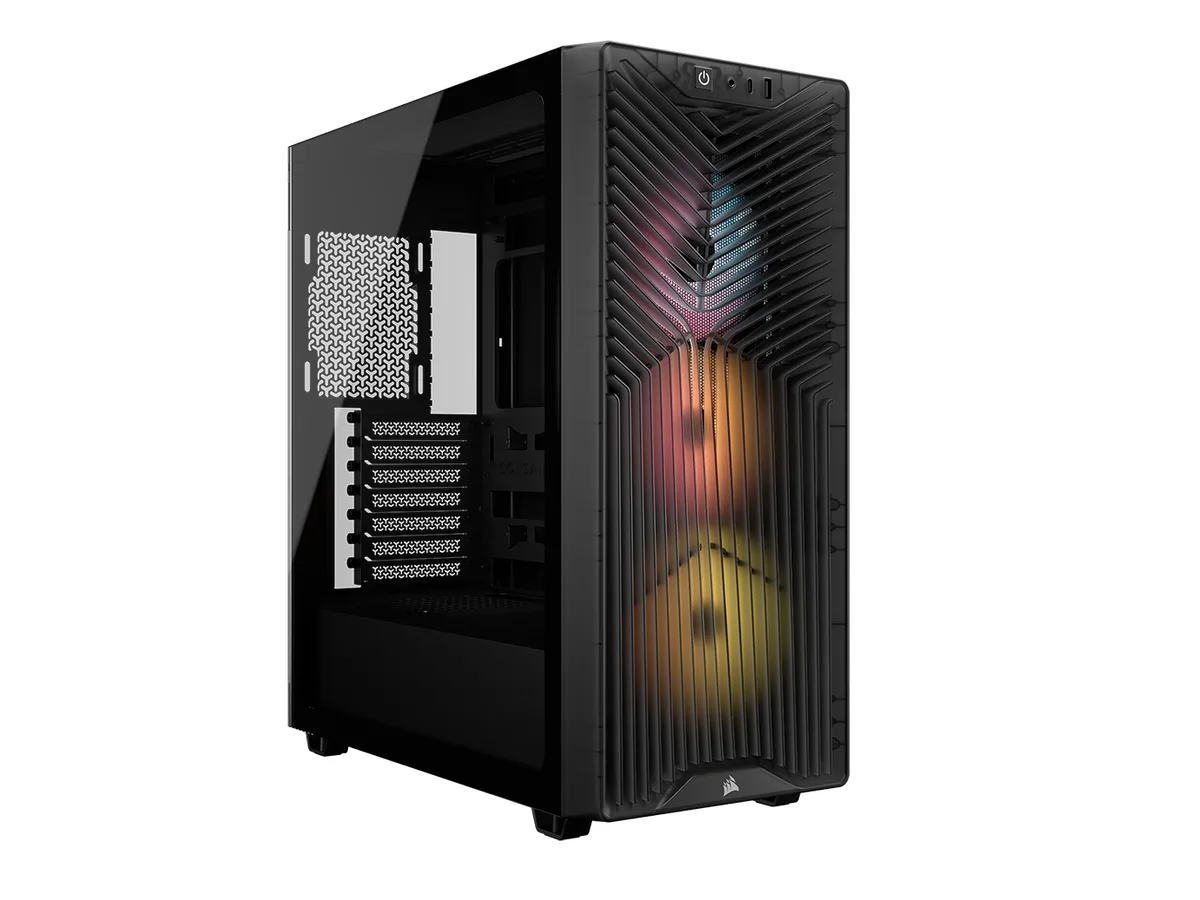 Mid-tower PC case in smoke finish with tempered glass side panel and three ARGB fans visible