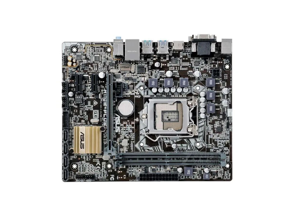 Green Micro ATX motherboard with silver CPU socket and blue memory slots