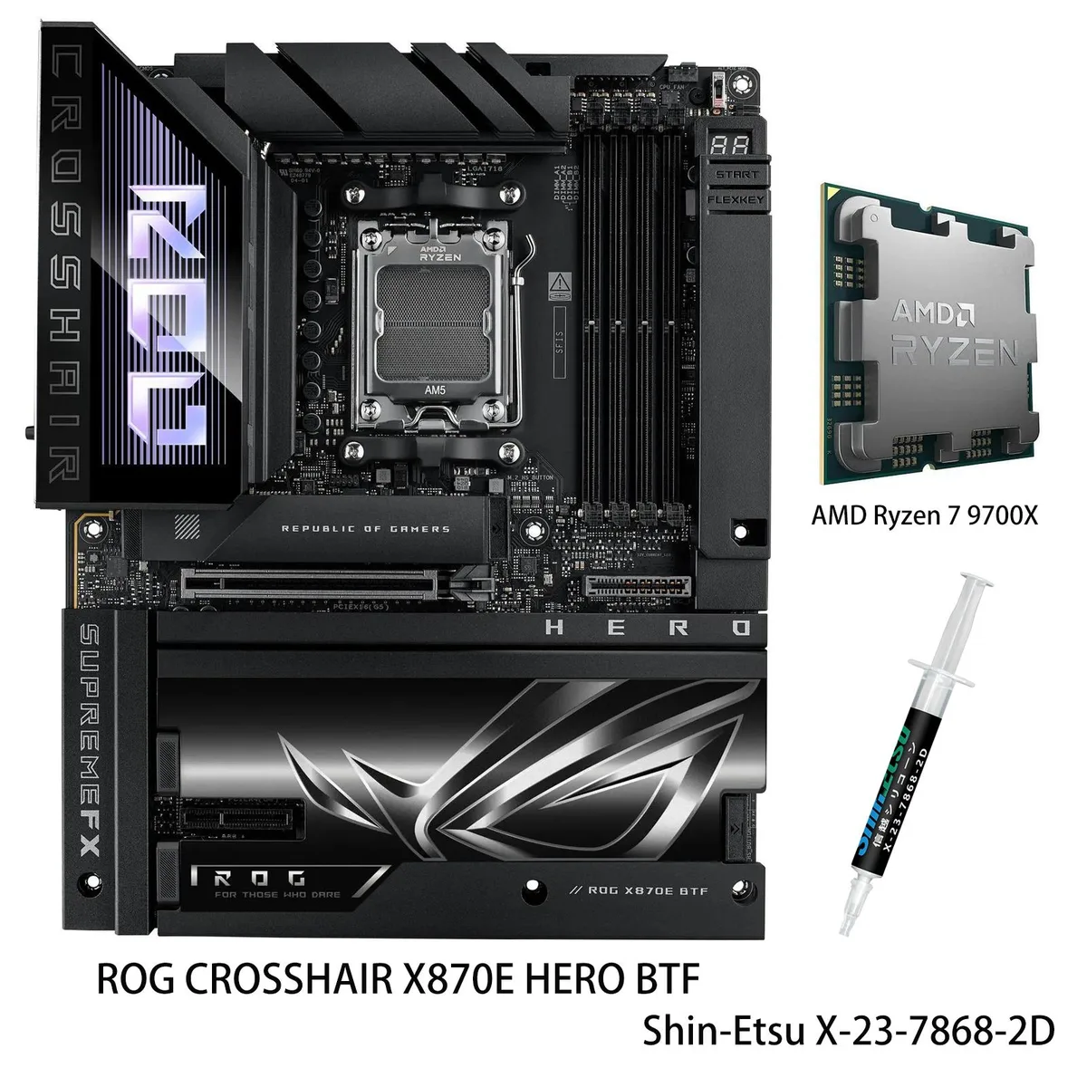ASUS ASUS ROG CROSSHAIR X870E HERO BTF AMD motherboard & Ryzen 7 9700X CPU combo — product photo