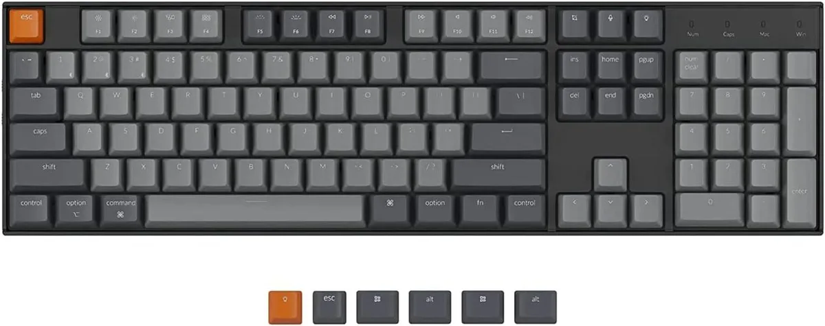 Full-size 104-key mechanical keyboard in white with adjustable feet