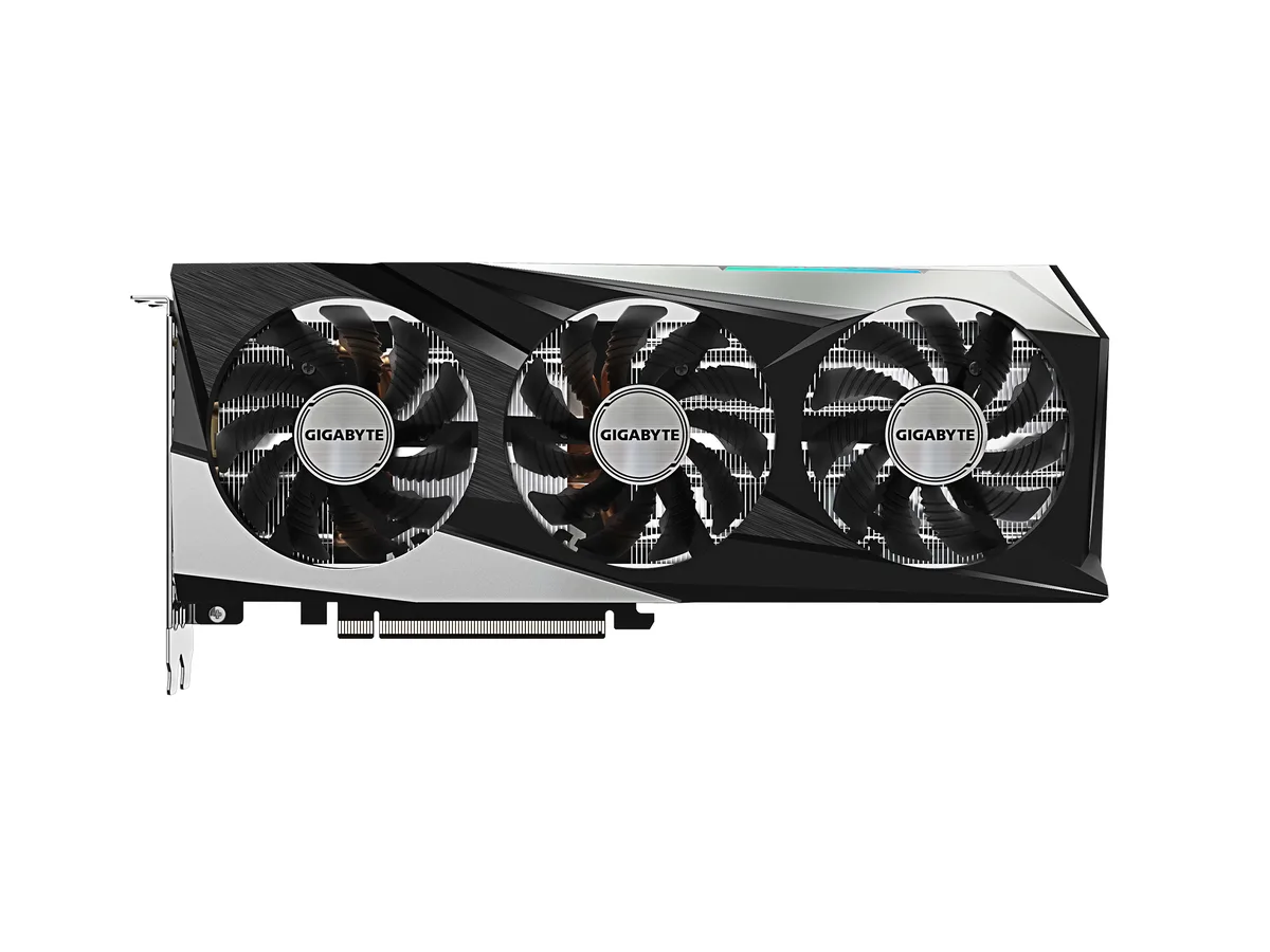 Black triple-fan graphics card with metal backplate, 2.5-slot ATX form factor