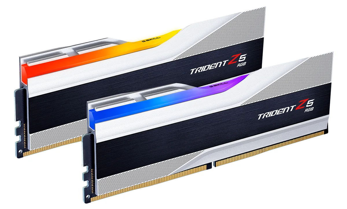 Two silver DDR5 modules with matte white heatspreaders and RGB light bars