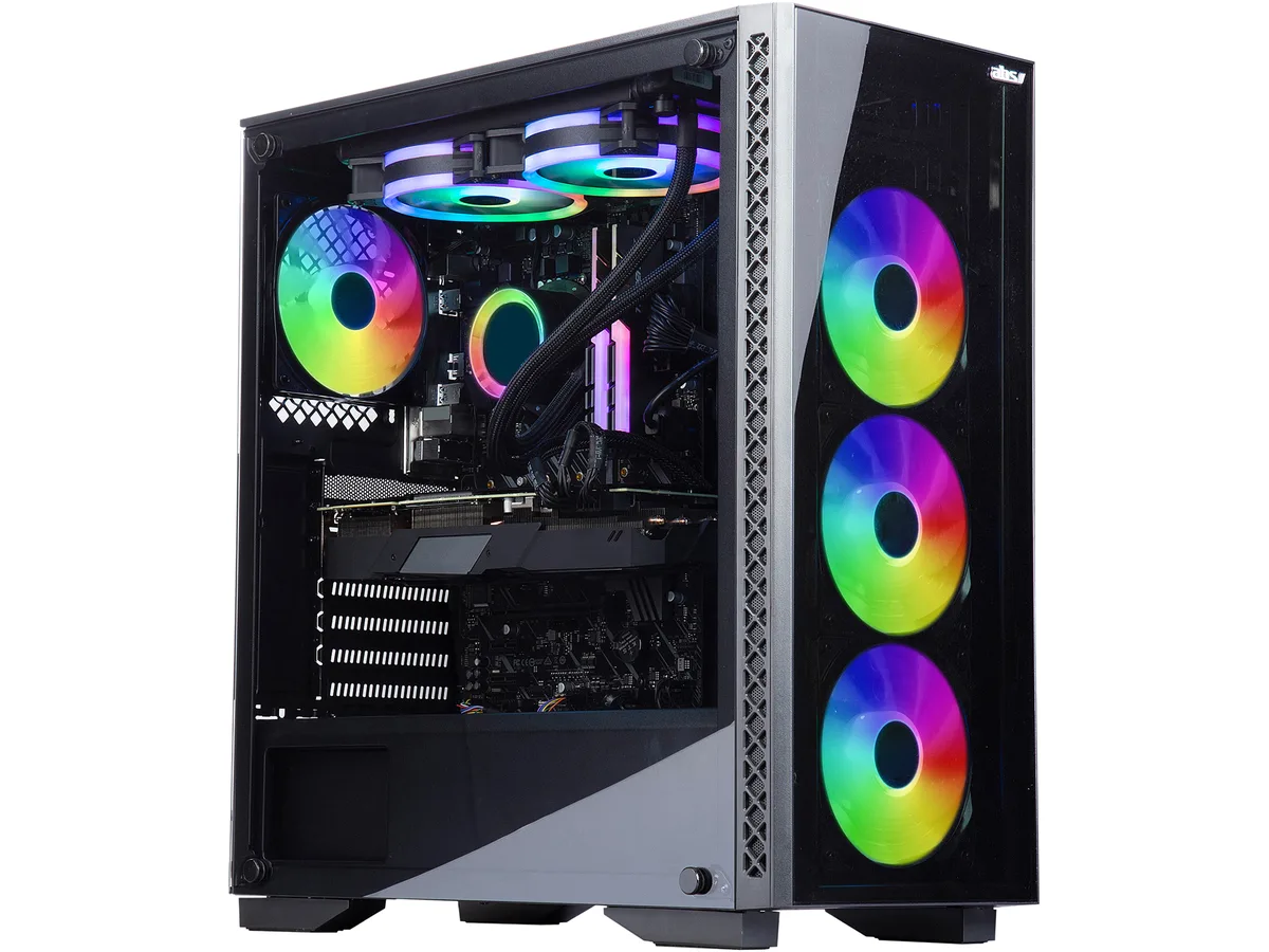 Mid-tower gaming desktop with tempered glass panels and RGB fans