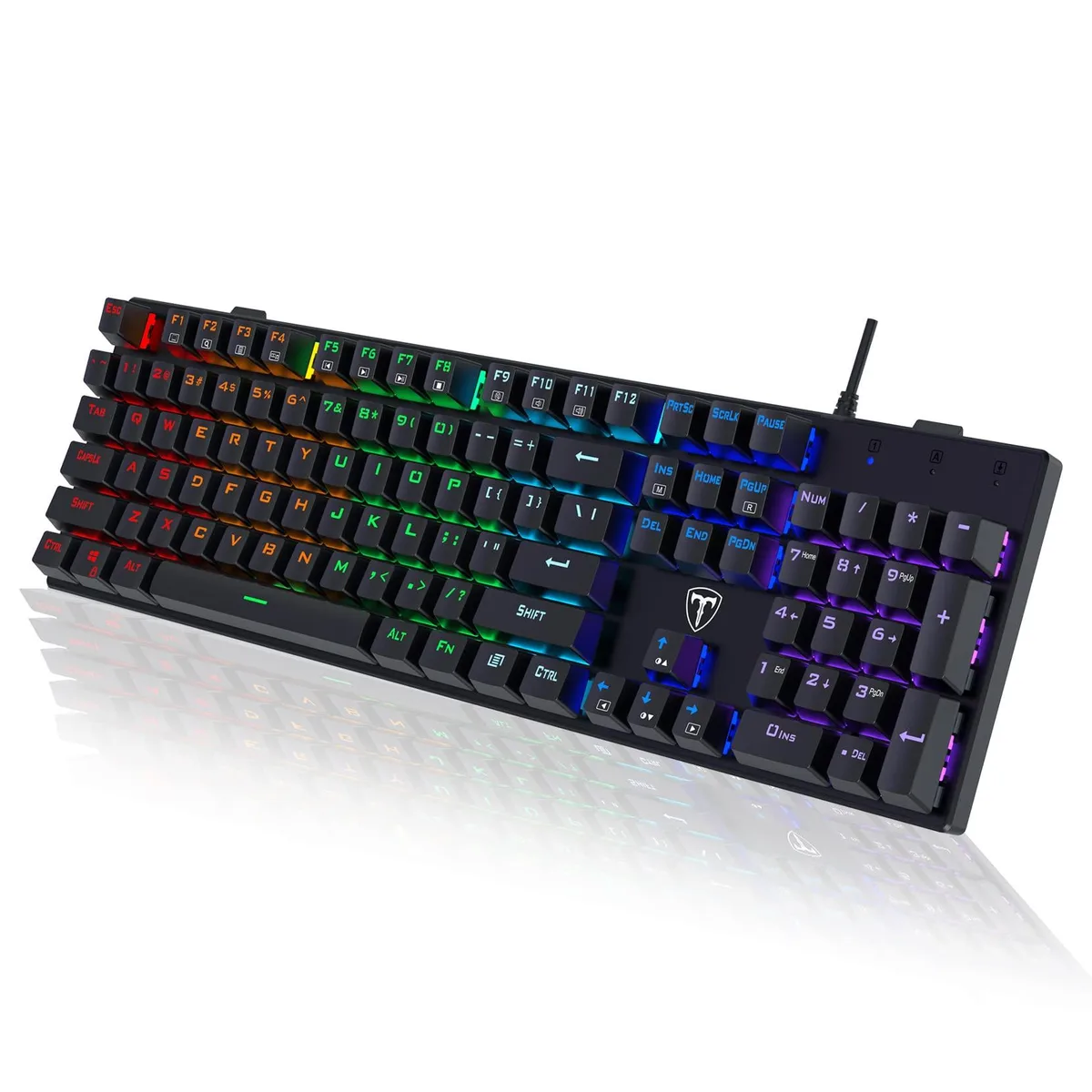Full-size black mechanical keyboard with RGB backlighting and blue switches