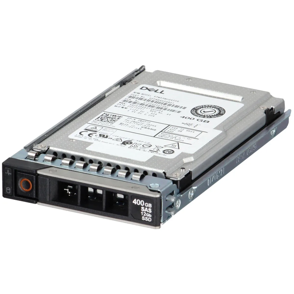 A 2.5 inch Dell enterprise SSD with a metal casing and SAS connector