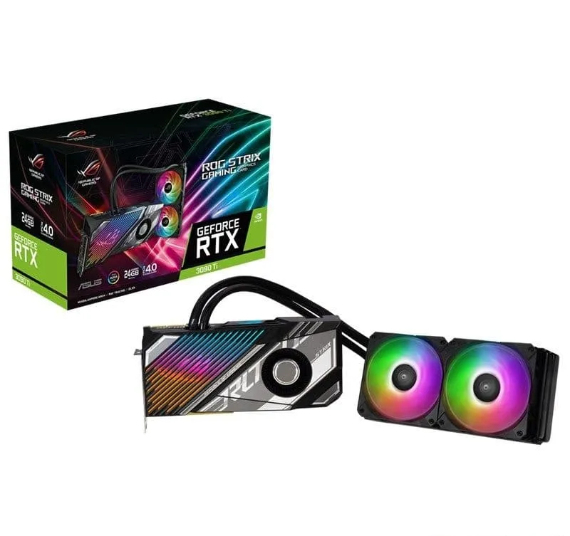 Black graphics card with integrated pump block and two thick tubes running to a 240mm radiator with dual fans