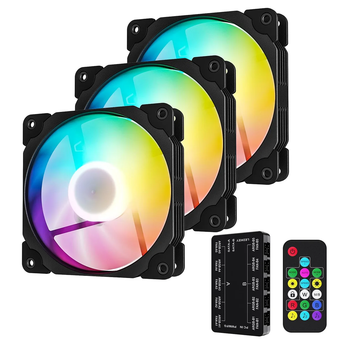 Three black 120 mm square fans with transparent blades and ARGB lighting, 25 mm thick, hydro bearing, PWM control