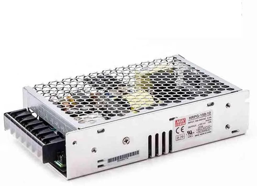 Silver metal rectangular power supply unit with screw terminals and ventilation slots