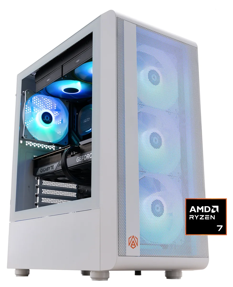 Snow White mid-tower gaming desktop with 240mm AIO liquid cooler visible through side panel