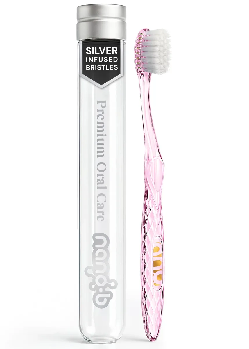  Waterpik Antibacterial Toothbrush Silver Bristles Pink Handle 844084 — product photo
