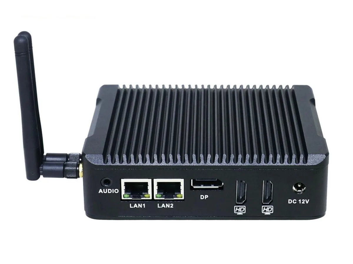 Small black aluminium mini PC, fanless, two HDMI and one DisplayPort