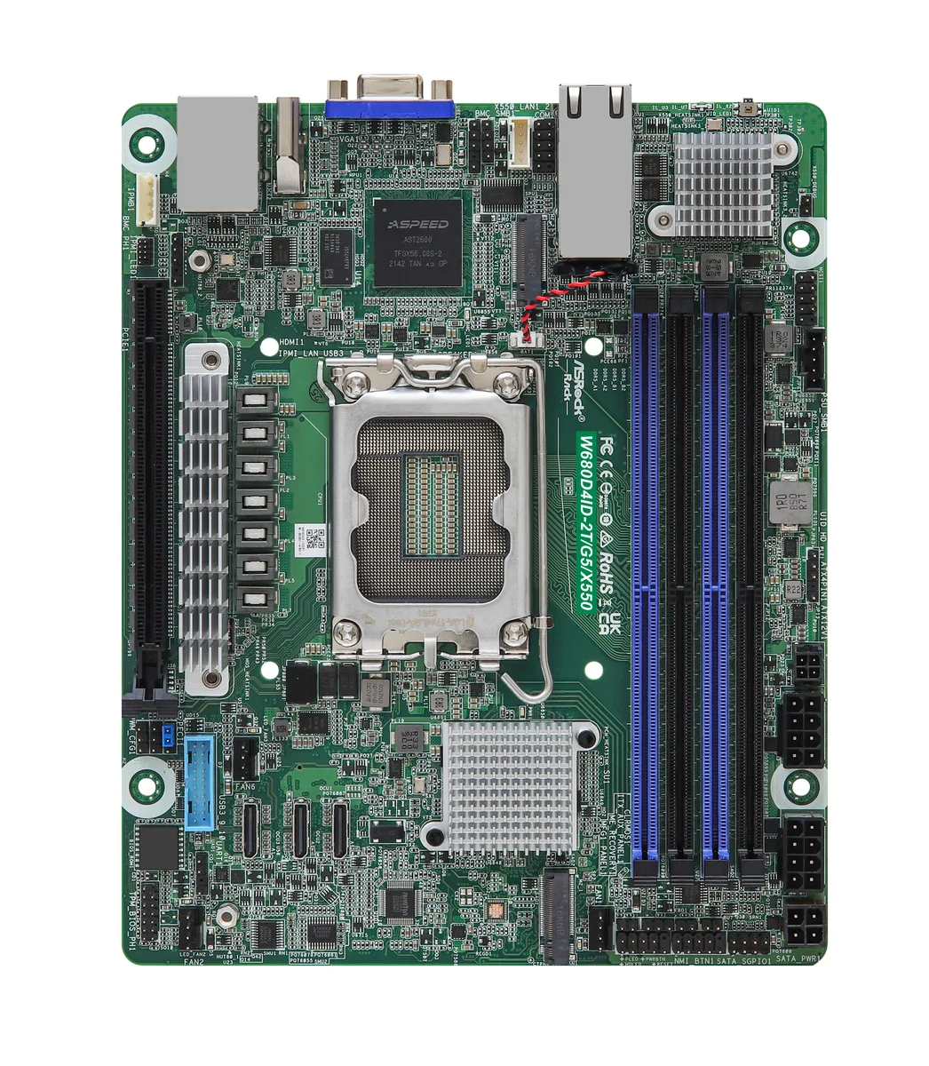Green server motherboard, deep mini-ITX, dual 10GbE ports, PCIe 5.0 slot, four DDR5 slots, M.2 sockets, SATA connectors