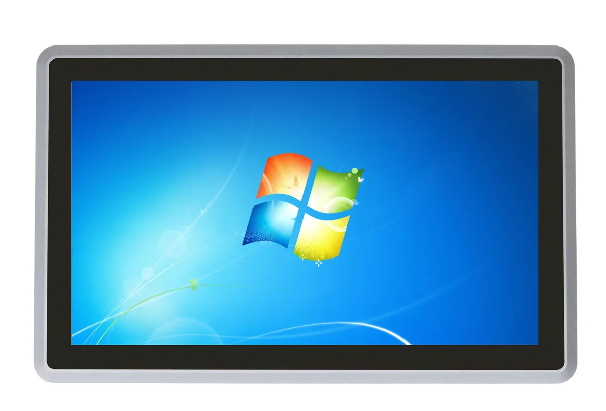 Gray 15.6-inch all-in-one panel PC with flat resistive touchscreen and aluminum chassis