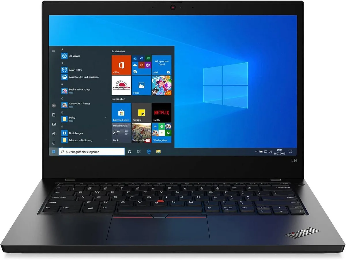 Black ThinkPad L14 Gen 1 laptop, 14.0 inch non‑touch screen, matte finish