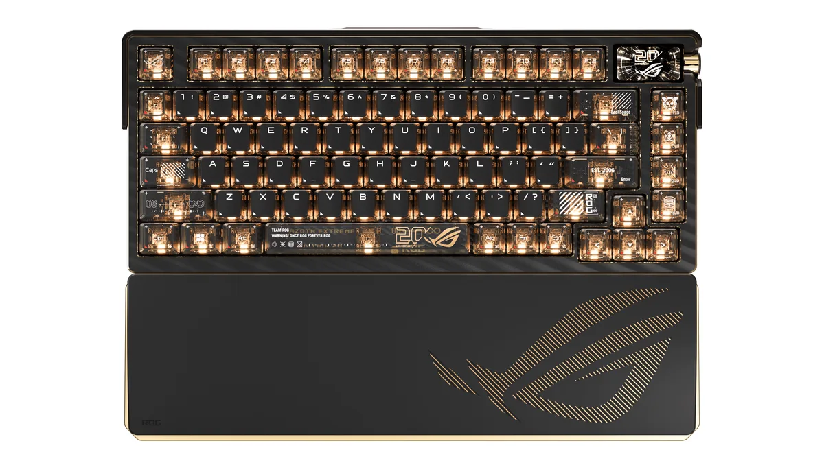 Gold-on-black 75% wireless mechanical keyboard with aluminium chassis carbon fibre plate OLED touchscreen and wrist rest