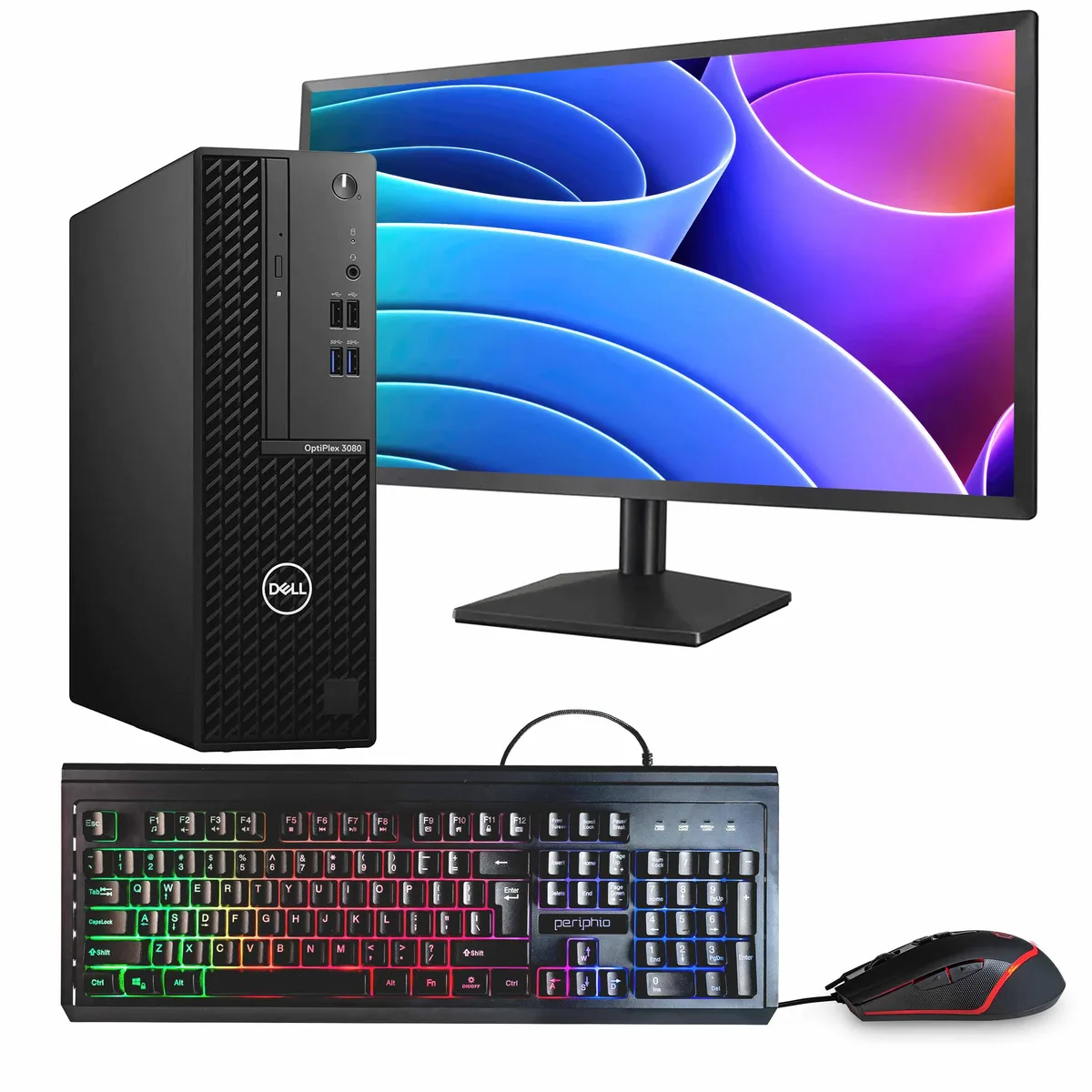 Black Dell OptiPlex 3080 tower with 24 inch monitor keyboard and mouse