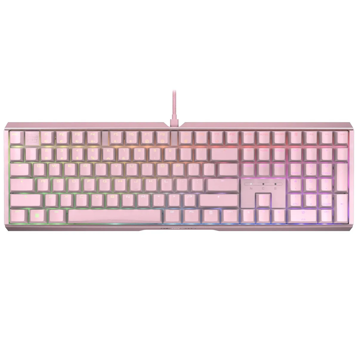 Pink full-size mechanical keyboard with aluminium case and RGB backlighting