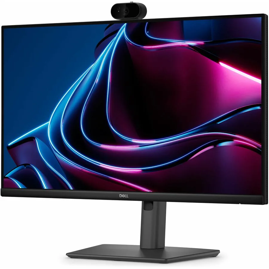 Black 24 inch IPS monitor with thin bezels and integrated webcam on adjustable stand