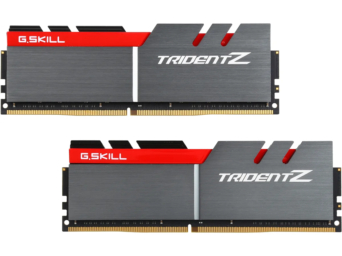 Two gray and red aluminum heat spreaders on dual-channel DDR4 modules
