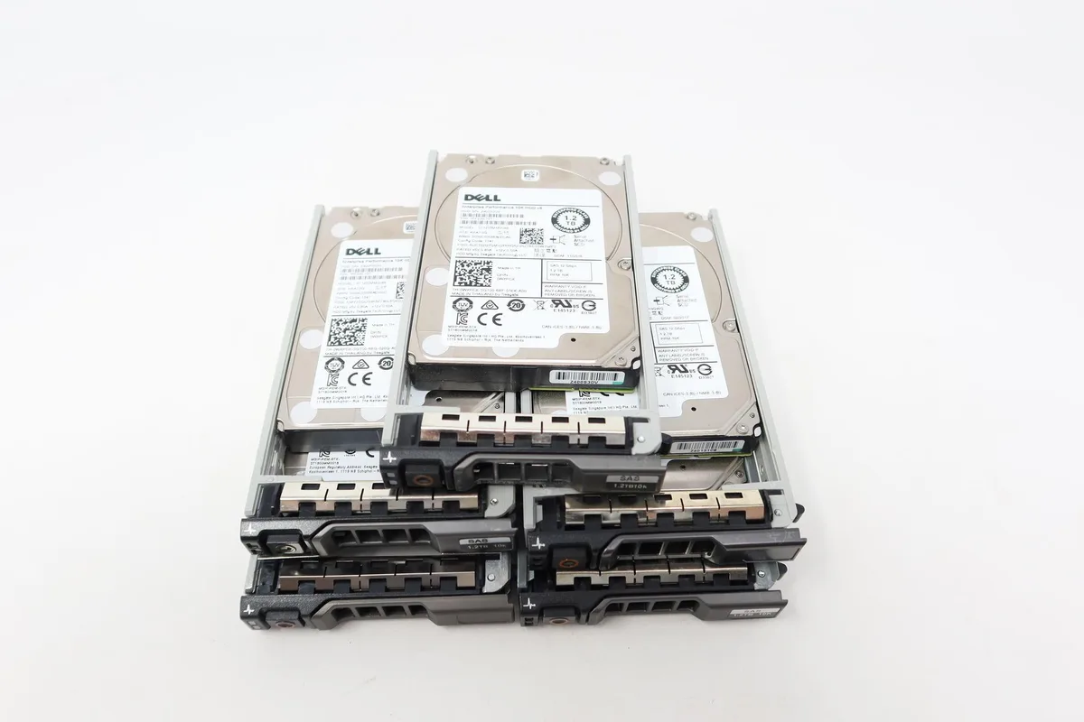 Silver 2.5 inch SAS hard drive mounted in a black Dell server tray