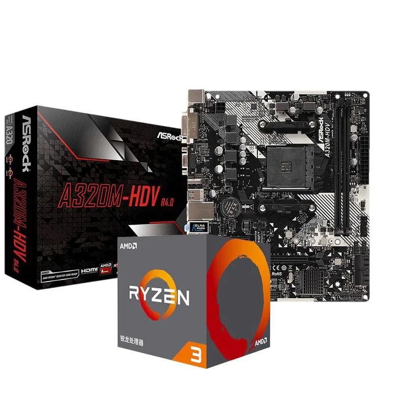 AMD AMD Ryzen 3 4100 65W Desktop Processor and ASRock A320M-HDV R4.0 Motherboard — photo du produit