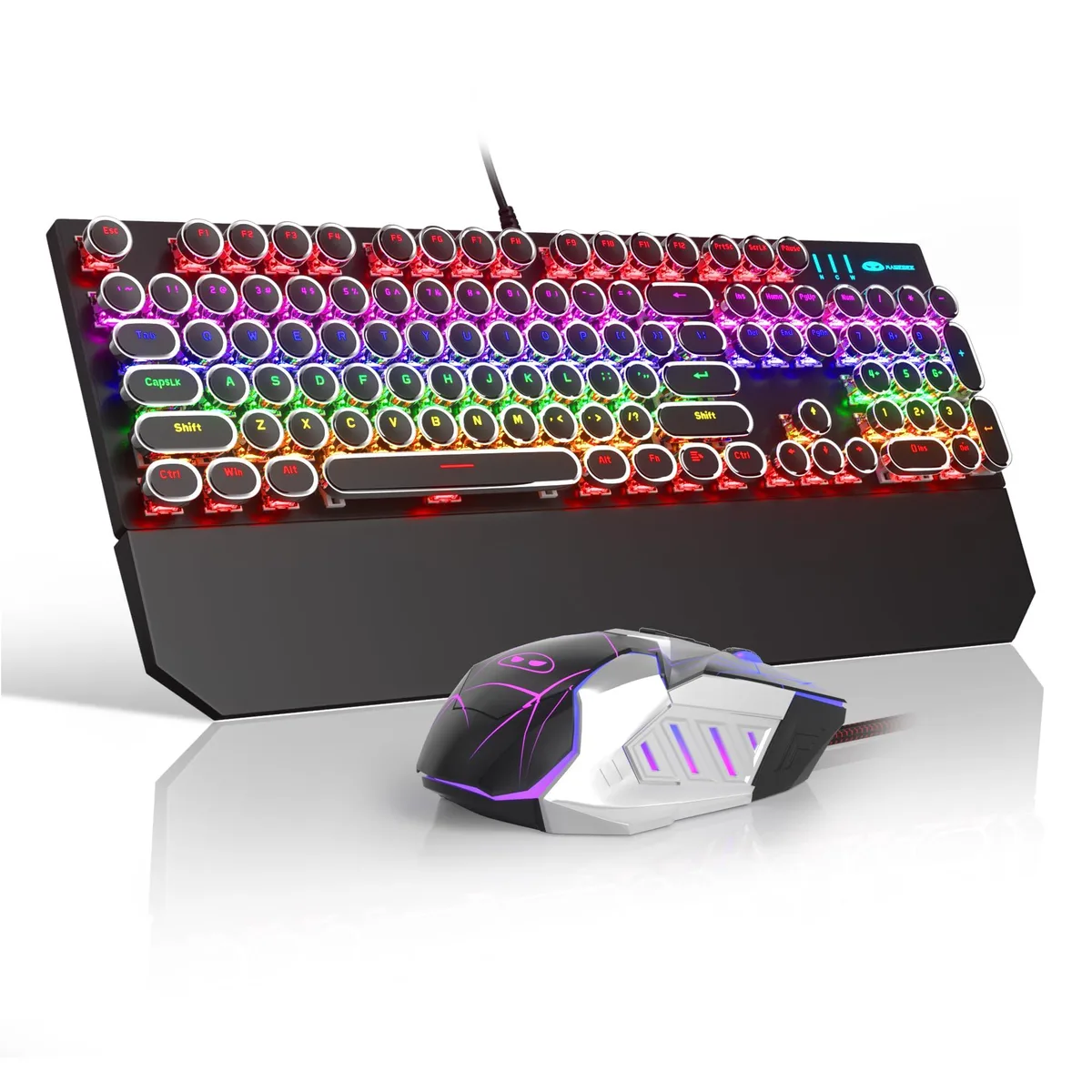 Black full-size mechanical keyboard with round retro keycaps and matching ergonomic mouse both wired USB