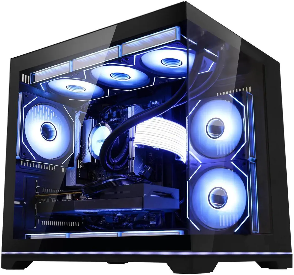 Black desktop tower with ARGB fans and liquid cooler visible through side panel