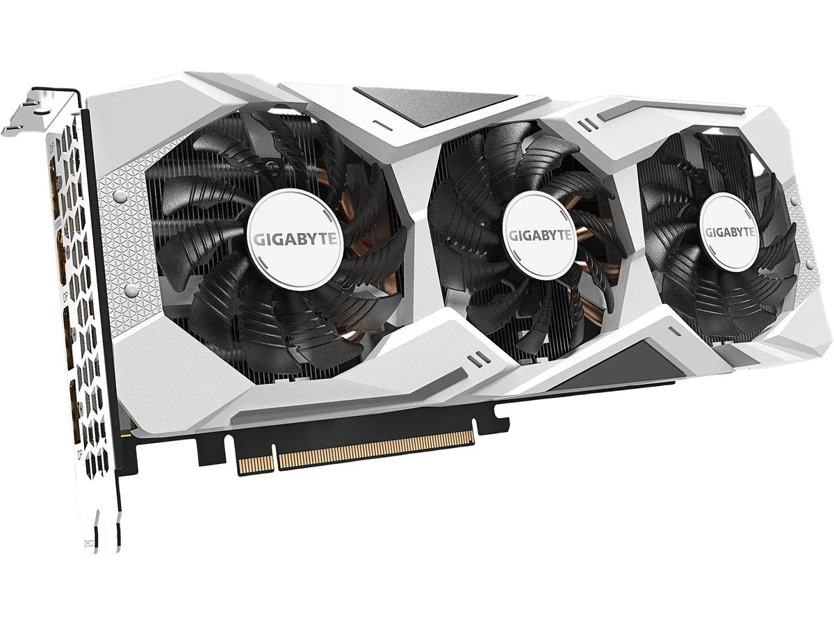 White dual-slot graphics card with three fans and metal backplate