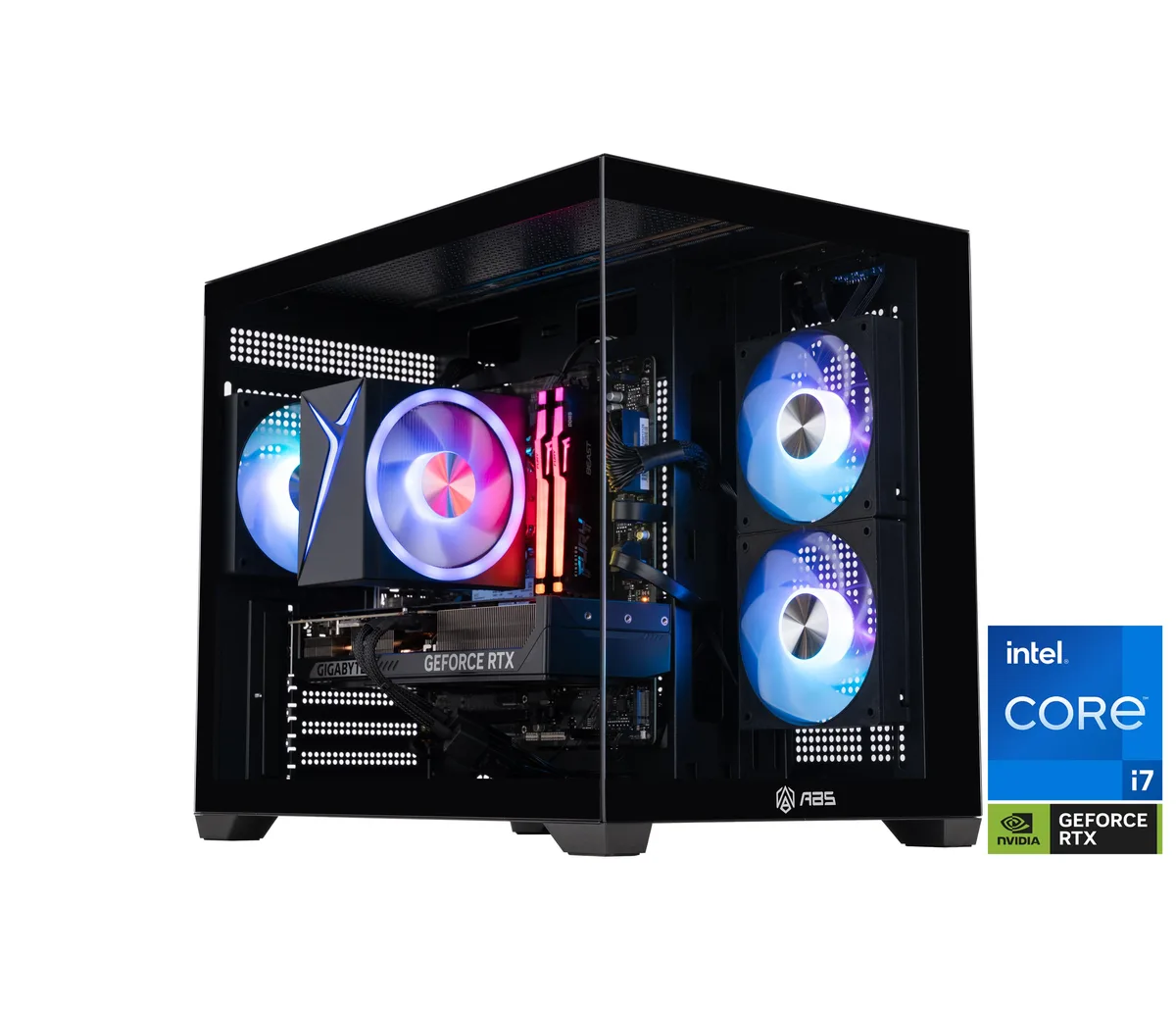 ABS Flux II Aqua mid-tower gaming desktop, black finish with side window