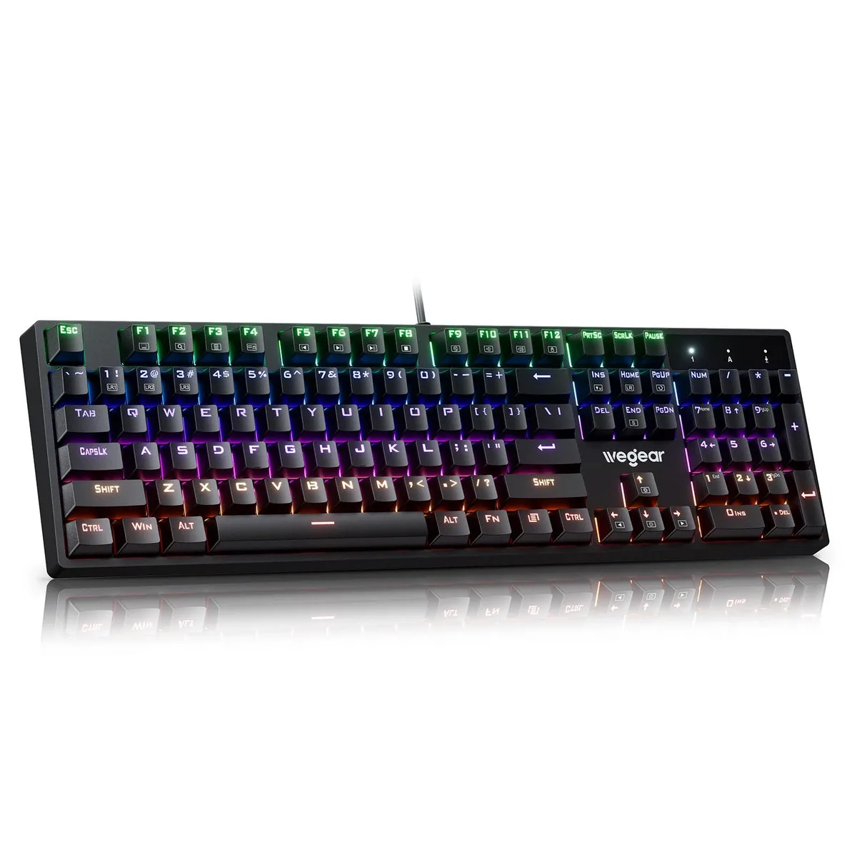 Black wired mechanical gaming keyboard with RGB backlighting and included ambidextrous mouse