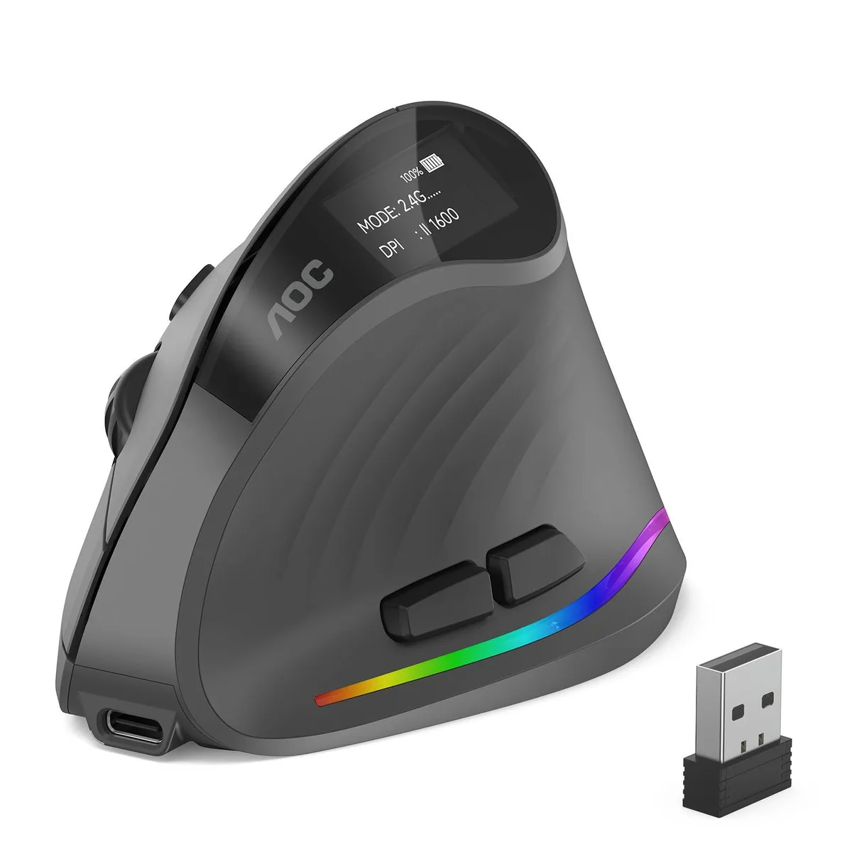 AOC MS610 vertical gaming mouse in gray with ergonomic handshake shape