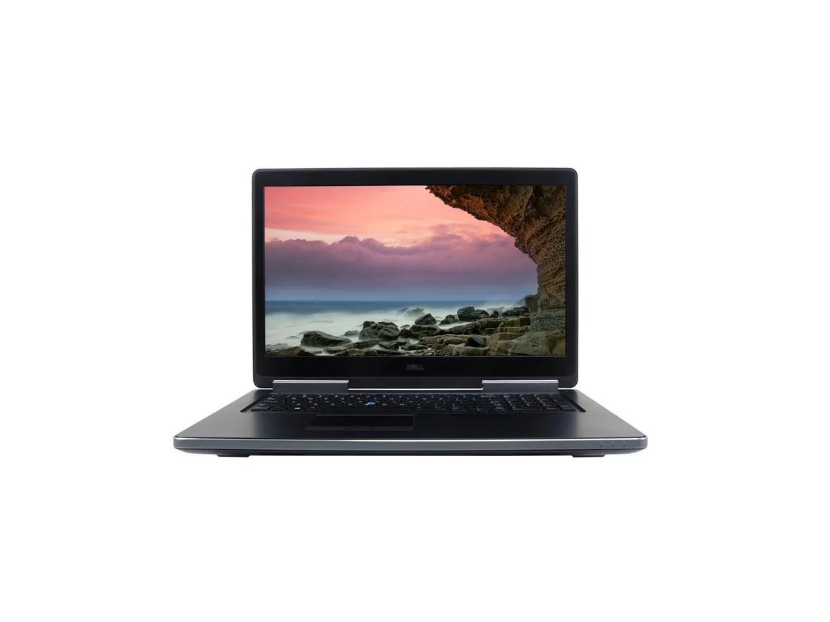 Silver Dell Precision 7710 17.3 inch laptop closed on white background