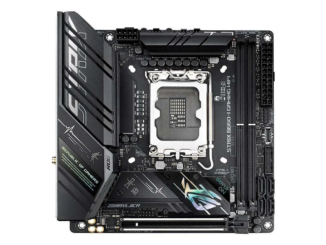 Compact Mini-ITX motherboard with dark PCB, silver heatsinks, and rear I/O shield