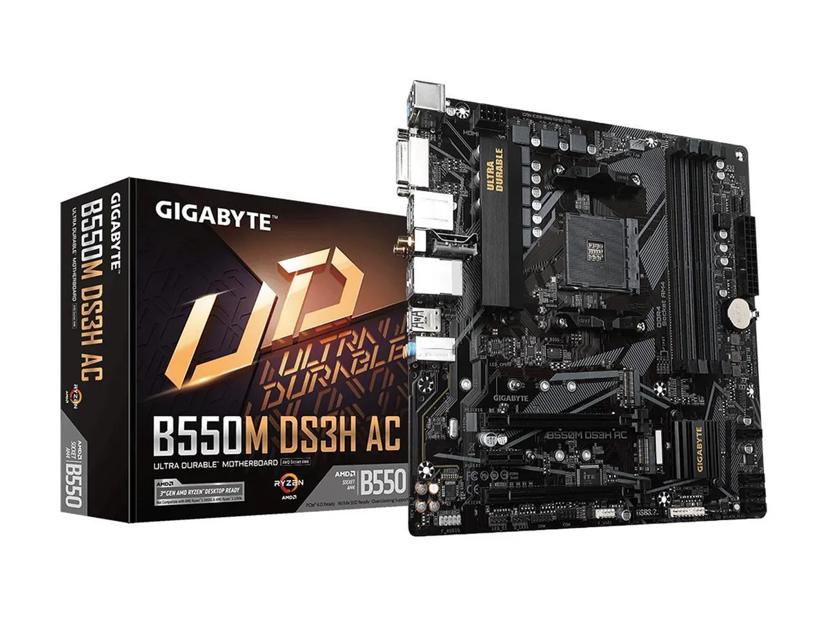 Green rectangular micro-ATX motherboard with black slots and silver heatsinks