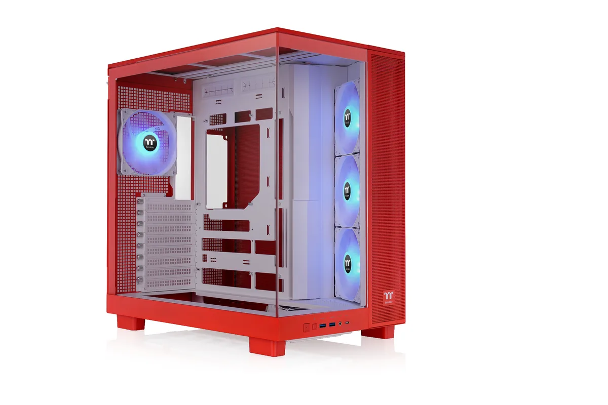 Flaming Orange ATX mid tower with tempered glass side panels and three ARGB fans visible on the right side