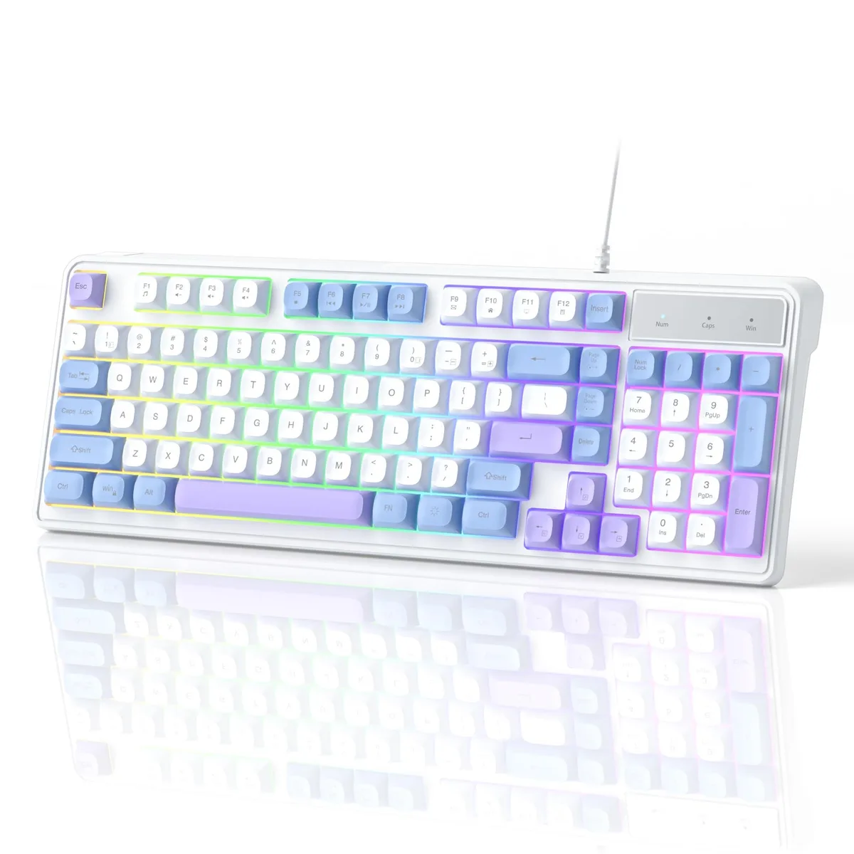 Blue 98-key wired gaming keyboard with rainbow backlighting