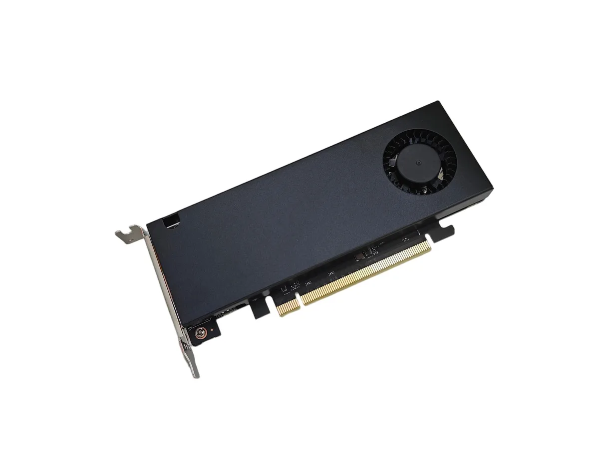 Low-profile single-slot RTX 4070 card, matte black PCB, pure copper cooler visible, HDMI and DisplayPort brackets