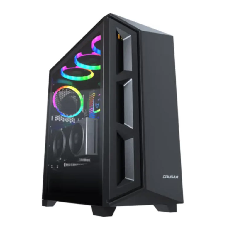 White mid-tower case with steel frame, tempered glass left panel, vertical GPU bracket visible