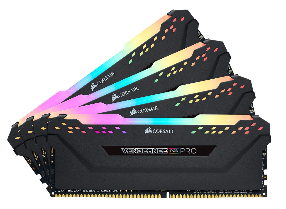 Four black DDR4 modules with anodized aluminum heat spreaders and RGB LED strips