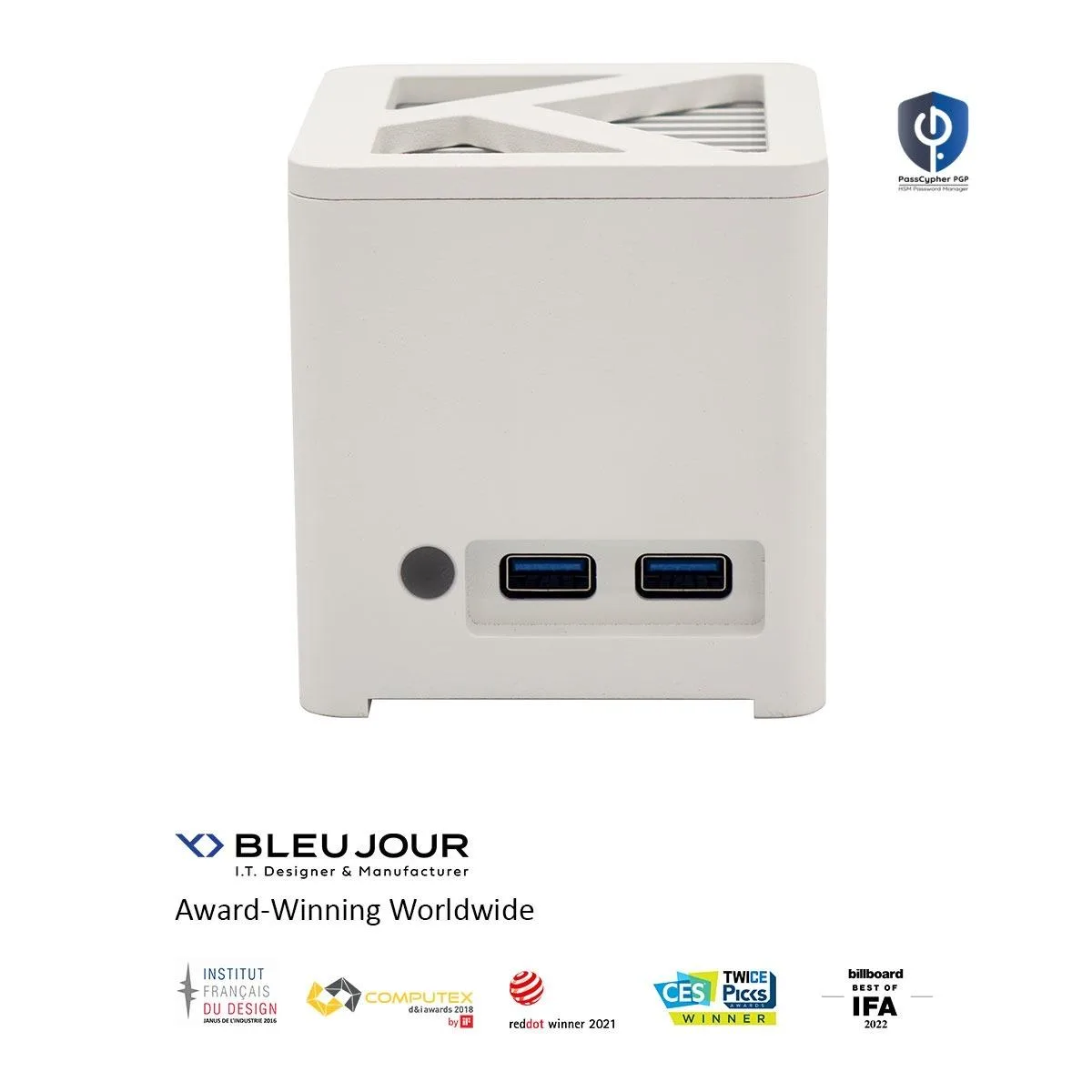 Small white aluminium cube mini PC with two front USB ports and antenna