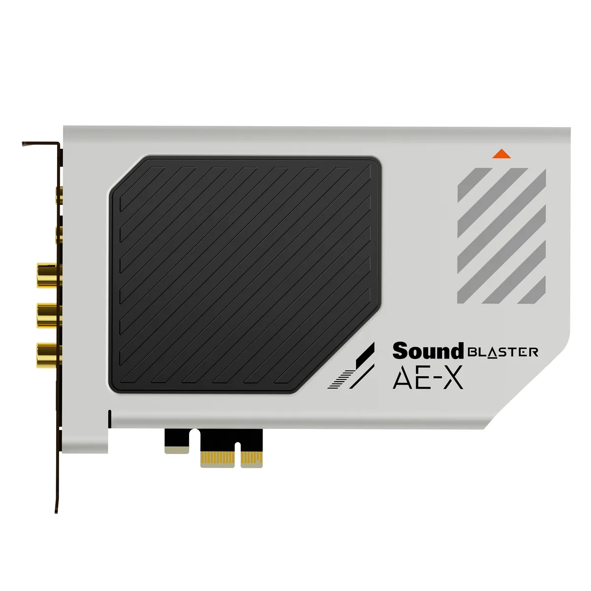 PCIe sound card with gold bracket, black PCB, headphone amp chip, coaxial and optical ports, splitter cable included