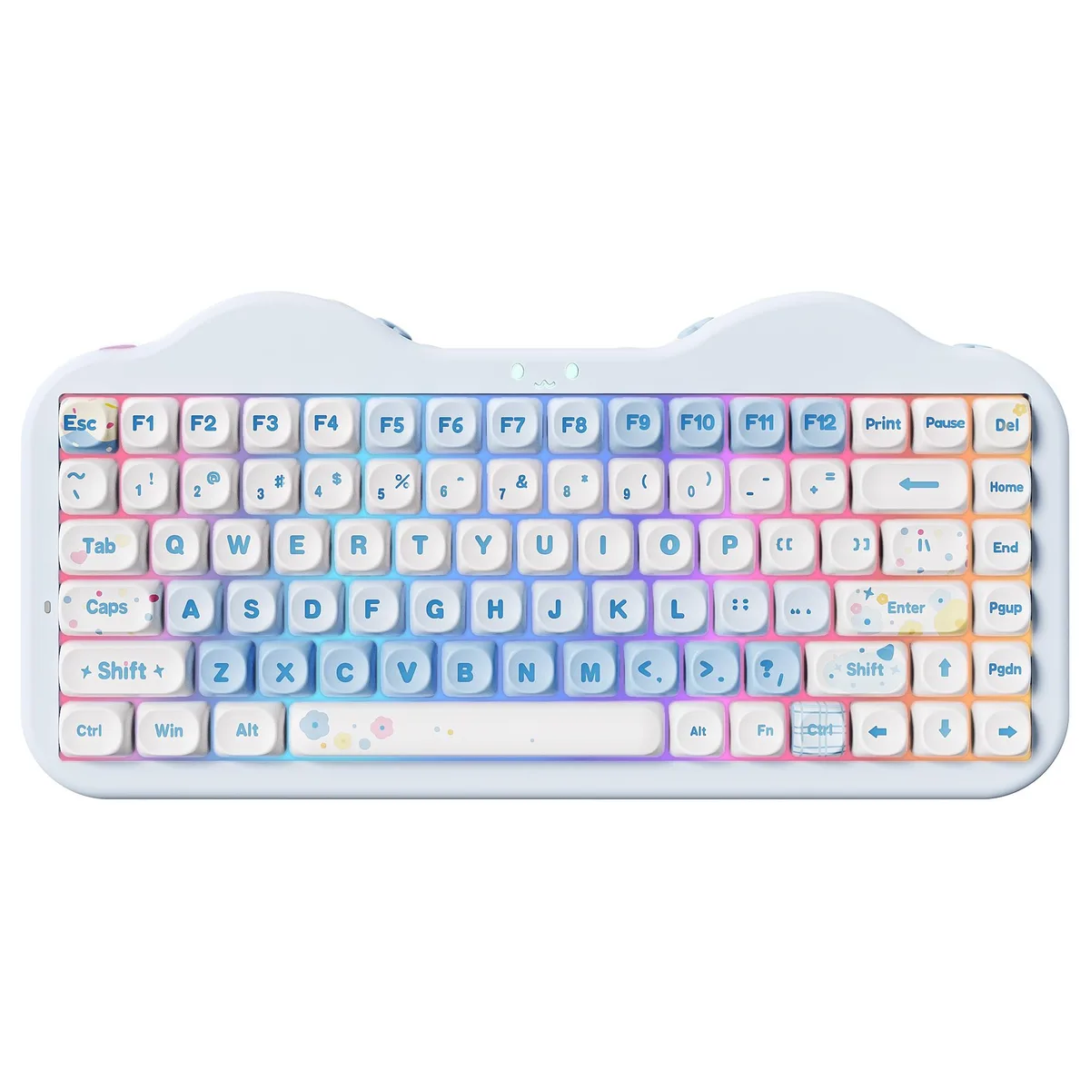 Compact 75 percent wireless mechanical keyboard in blue with dye-sub PBT MOA keycaps and RGB backlighting