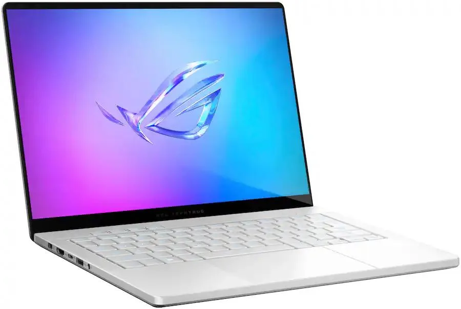 Platinum White 14 inch gaming laptop with OLED screen and backlit keyboard