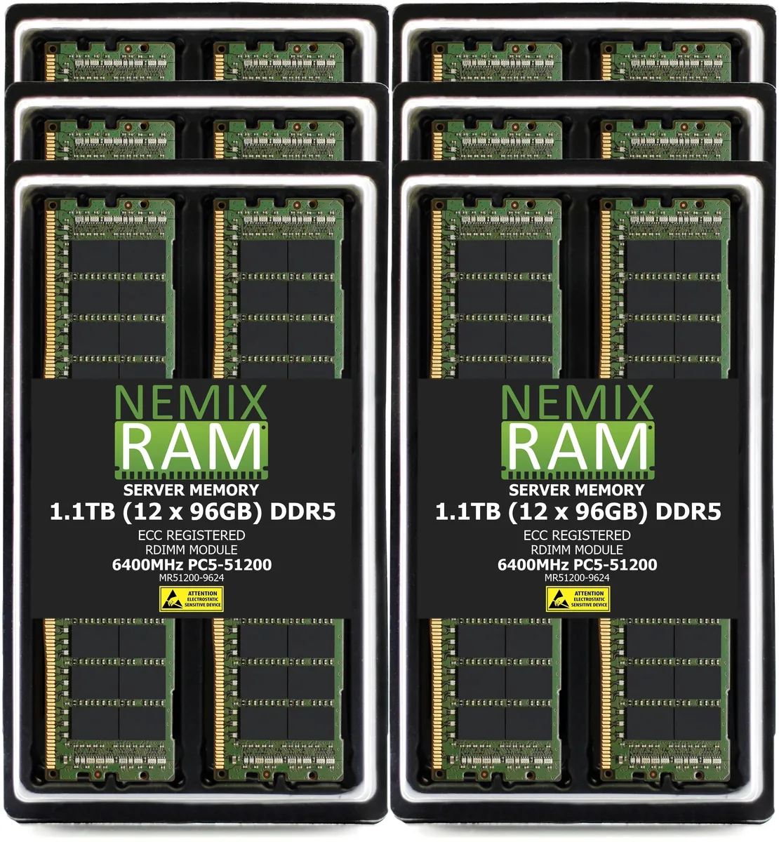NEMIX RAM NEMIX RAM 1.1TB (12×96GB) DDR5-6400 ECC RDIMM CL52 1.1V 2Rx4 Supermicro H13SST-GC memory upgrade — produktfoto