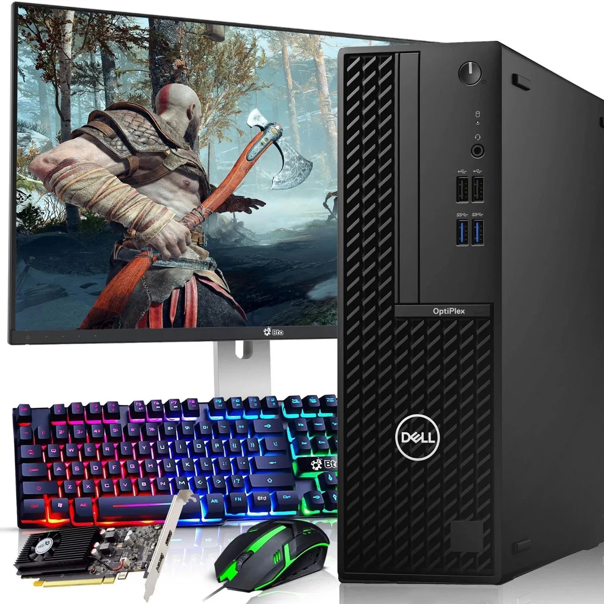 Black small-form-factor Dell OptiPlex 600 G6 tower with 24 inch monitor RGB keyboard and mouse