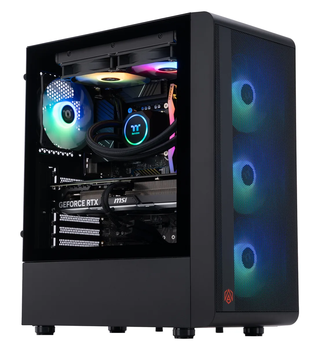 White mid-tower gaming desktop with RGB liquid cooling visible through glass side panel