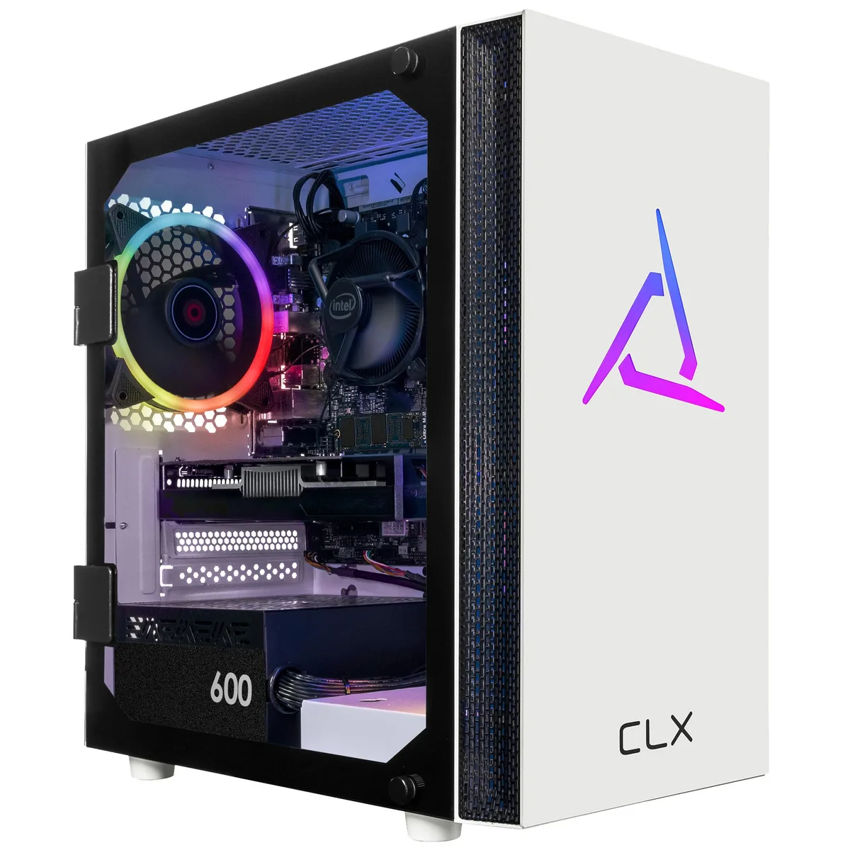 White mini tower desktop with clean lines and front panel vents