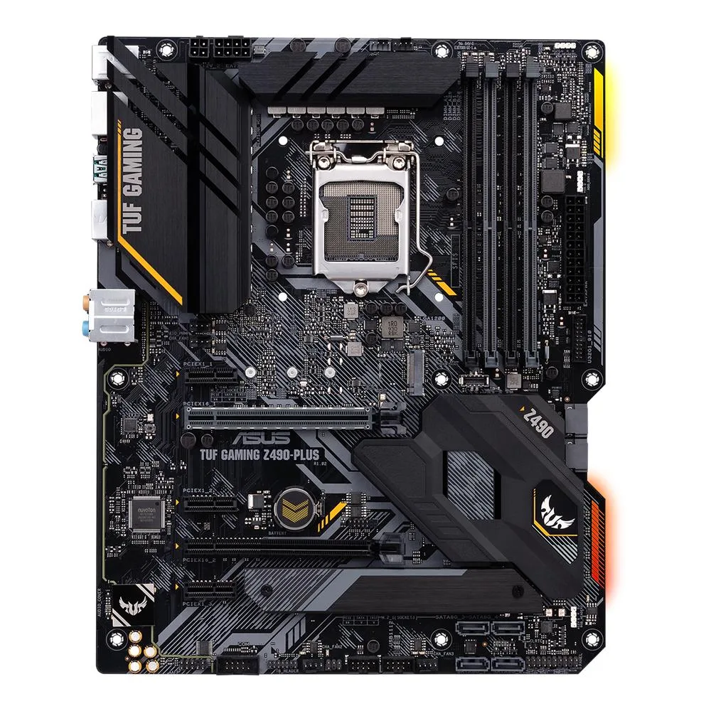 ATX motherboard in dark finish with metal I/O shield and SATA cable